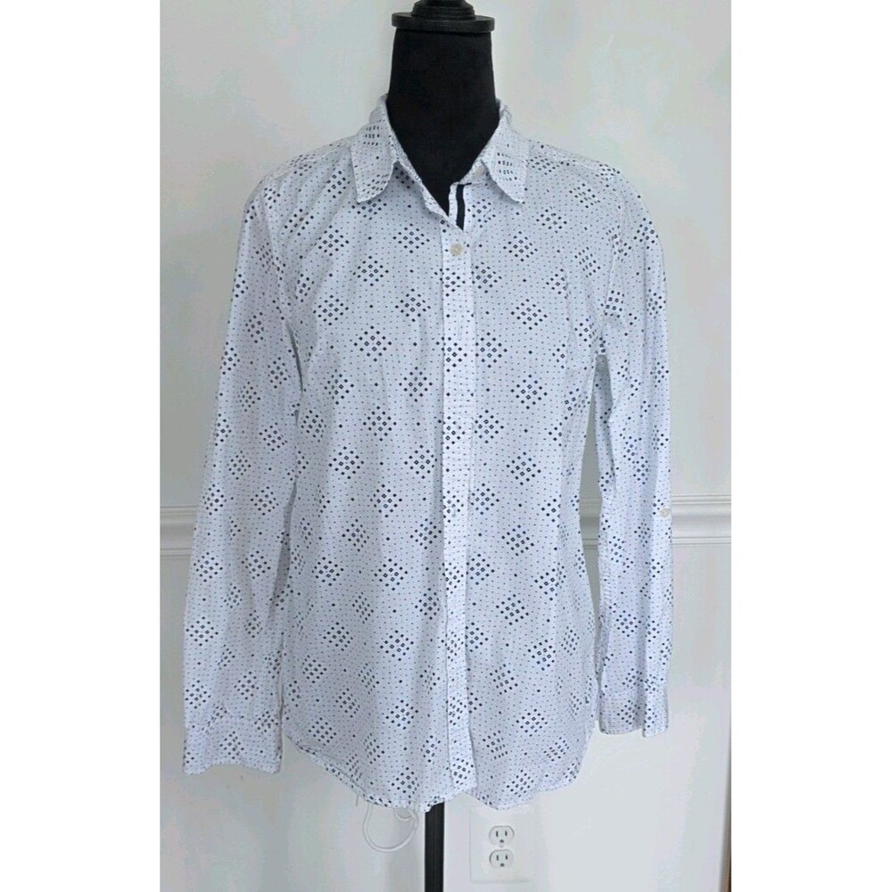 Le Tigre Women's Button-Up Shirt, 100% Cotton,  Size S, White Blue, Long Sleeve